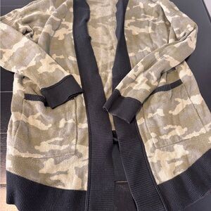 Express Olive Camo Open-Front Utility Cardigan with Black Trim